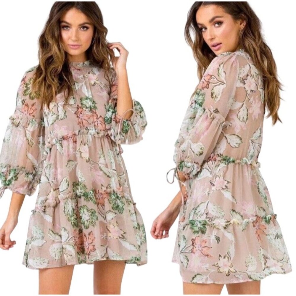 Princess Polly Eden Bloom Dress Size 2 Floral Sheer Ruffle Neck 3/4 Sleeve Boho